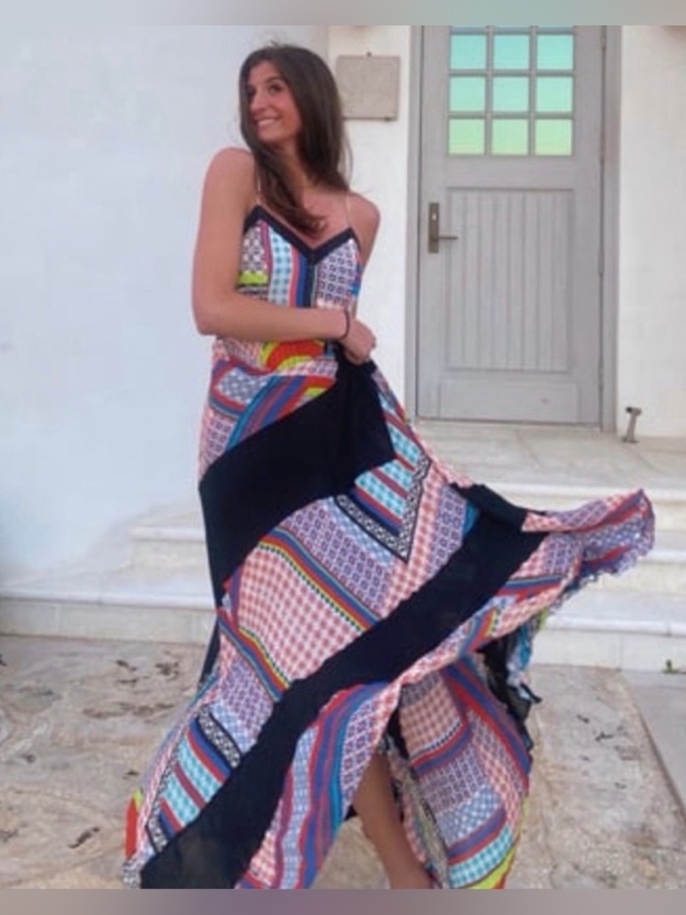 Parker Lakota 100% Silk Maxi Dress Pleated Patchwork Print Size Small